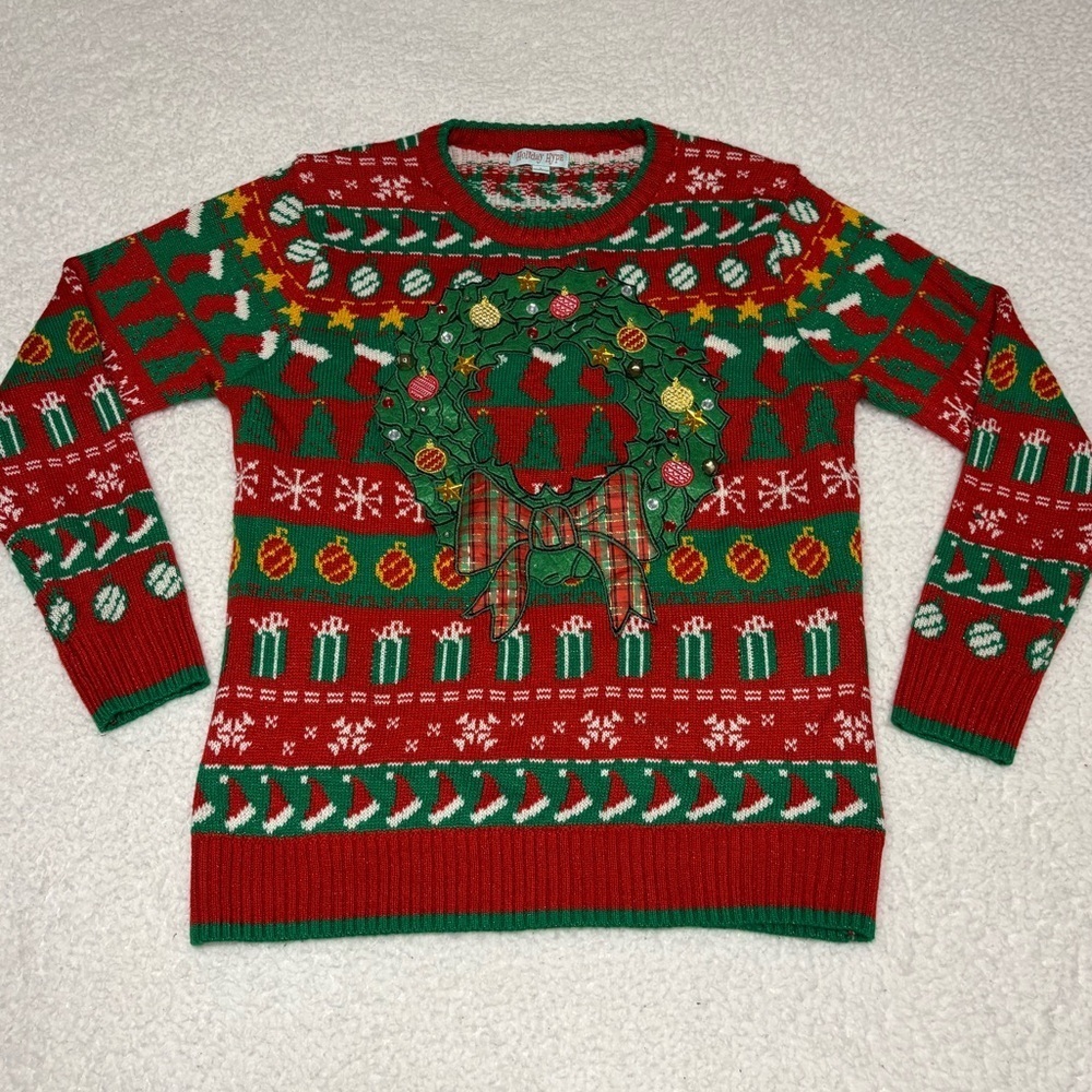 Holiday Hype Women Multicolor Wreath Bells Christmas Sweater